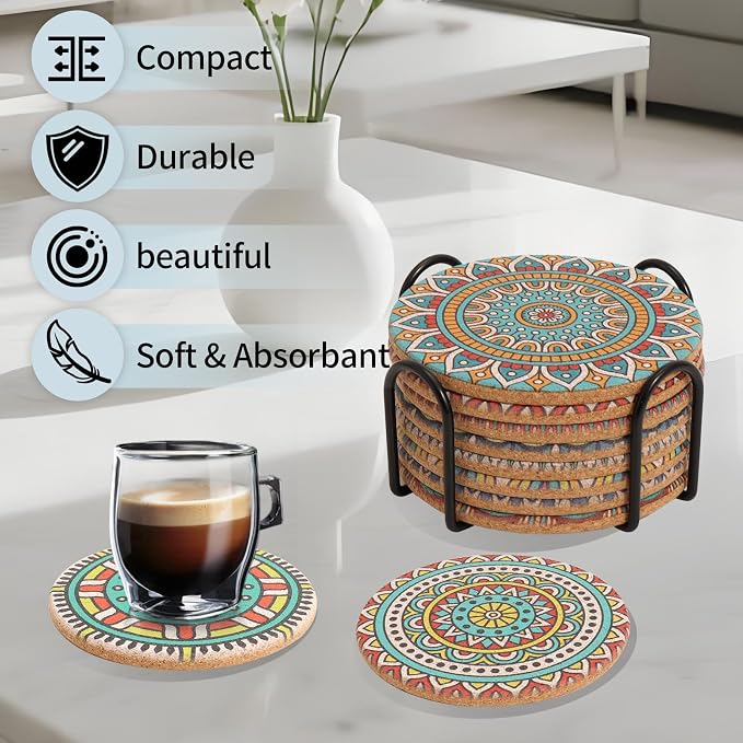 Cork Coasters Set of 8 with Holder, Colorful Cup Coasters - Image 6