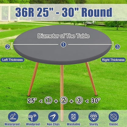 Round Spandex Tablecloth 2 Pack, Elastic Fitted Waterproof Tablecloths for 25"-30" Tables, Stretch Washable Picnic Table Cover for Camping, Dining, Indoor and Outdoor, Grey