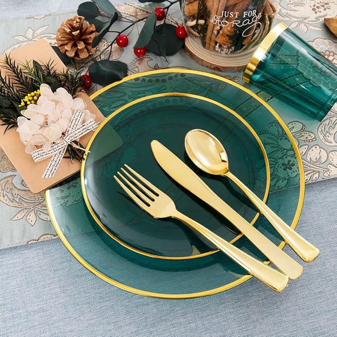 LIYH 180 Pcs Clear and Green Gold Plastic Christmas Plates - Image 2