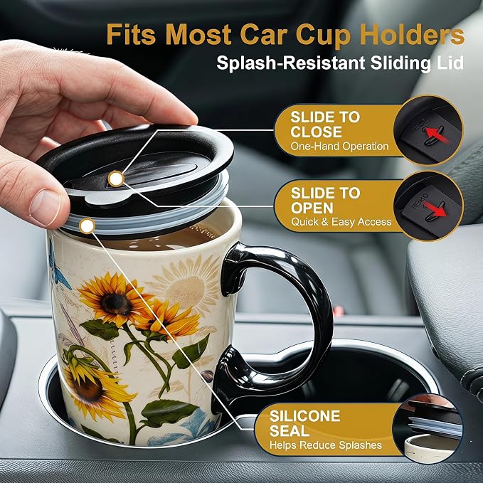Topadorn 17oz Botanical Sunflower Ceramic Travel Mug - Image 4
