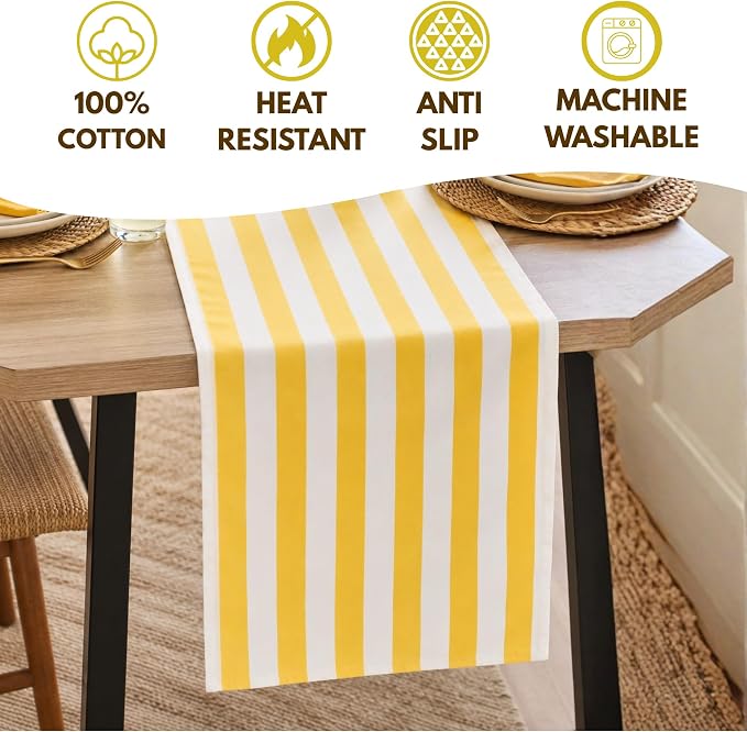 Folkulture Fall Table Runner 72 Inches Long|Yellow & White Vertical Striped | - Image 4