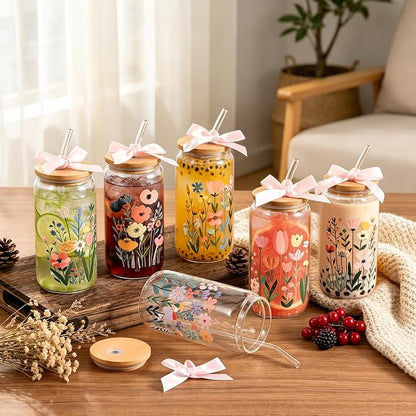 8 Set Floral Glass Cups with Lids and Straws, 16oz Flower Coffee Cup | Gifts - Image 6