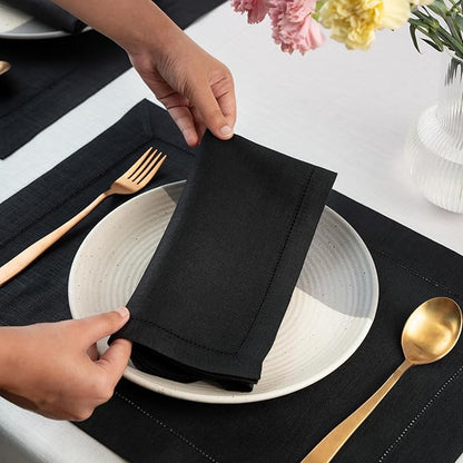 D'Moksha Homes Black Linen Napkins Set of 8 - Classic Hemstitch 100% Pure Linen Hemstitch Dinner Napkins 20 x 20 Inch for Spring, Easter - Handcrafted and Machine Washable