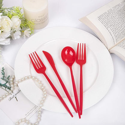 PULOTE 150PCS Red Plastic Silverware Set - Heavy Duty Plastic Cutlery - Red Utensils Disposable Include 50 Forks, 50 Spoons, 50 Knives for Party & Valentines Day