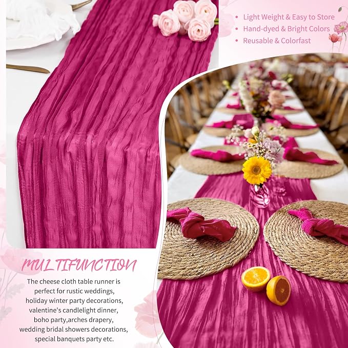 Showgeous 4 Pack Fuschia Cheesecloth Table Runner, 17 x 108 Inches | Boho - Image 5
