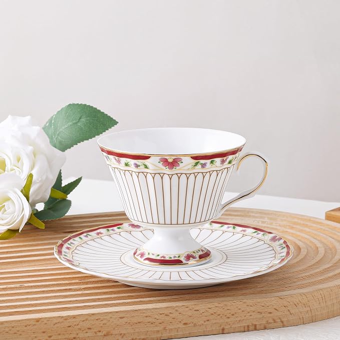 fanquare Nordic Style Tea Cup and Saucer, Classic Stripes Floral Teacup - Image 3