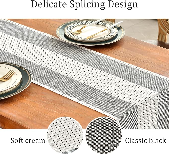 Wracra Linen Table Runner, Stripe Table Runners 90 Inches Long Black | Delicate - Image 3