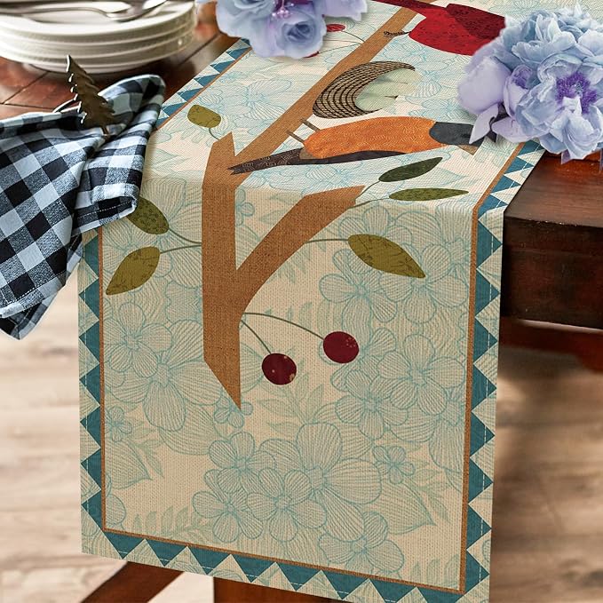 Seliem Spring Summer Birds Blue Table Runner, Cardinal Chickadee Bluebird | - Image 5