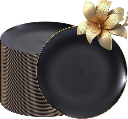 EI enjonirinjonir 80pcs Black and Gold Dinner Plates Disposable 10.25inch,Plastic Party Plates with Gold Rim,Black Plastic Matte plate Frosted Disposable Heavy Duty,Elegant for Wedding/Tea Party