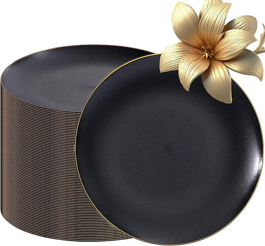 EI enjonirinjonir 80pcs Black and Gold Dinner Plates Disposable 10.25inch,Plastic Party Plates with Gold Rim,Black Plastic Matte plate Frosted Disposable Heavy Duty,Elegant for Wedding/Tea Party