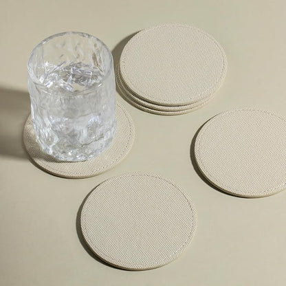 OLETHA Aesthetic Round Drink Coasters, Greige | Canvas-grain faux leather - Image 6
