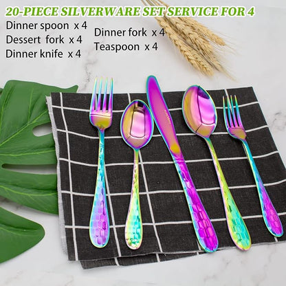 Hammered Silverware Set 20 Pieces, 18/10 Stainless Steel Colorful Silverware Set - Image 4