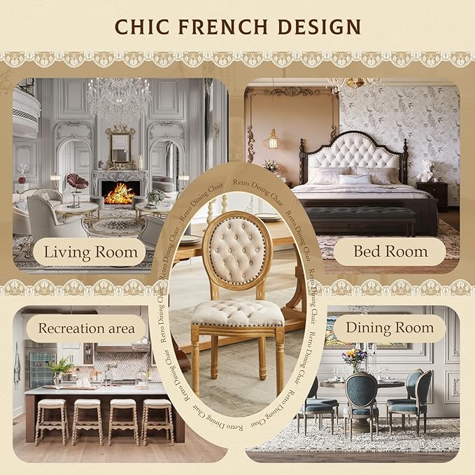 SoarFlash French Velvet Dining Chairs Set of 4, Vantage Dining Chair with Round Back, Wood Leg Farmhouse Country Dining Chair for Kitchen,Bedroom,Beige