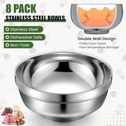 8 Pack 34 oz Stainless Steel Bowls Double Walled Insulated Soup Ice Cream Metal Mixing Nesting Bowls for Serving Soup Rice Cereal