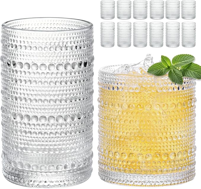 Moretoes Vintage Hobnail Drinking Glasses Set of 12 | 15 Oz Highball Glasses & by Moretoes