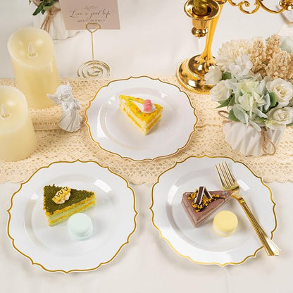 100 Pcs White & Gold Dessert Plastic Plates 7.5" Cake Disposable Plates | White - Image 4