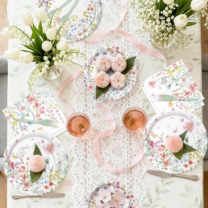 96 Pieces Spring Wildflower Floral Tableware Set – Garden Flower Disposable - Image 4