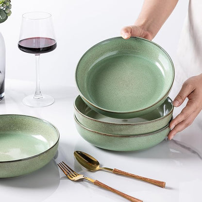 GBHOME 8.75'' Large Ceramic Pasta Bowls, 38oz Stoneware Pasta Serving Bowls Set of 4 for Kitchen, Wide Bowls for Fruit,Pasta,Salad,Oatmeal,Meal, Microwave Safe, Reactive Glaze-Pastel Green