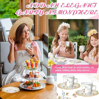 Umigy 60 Sets Tea Party Decorations 6.5 oz Fairy Floral Paper Tea Cups - Image 6