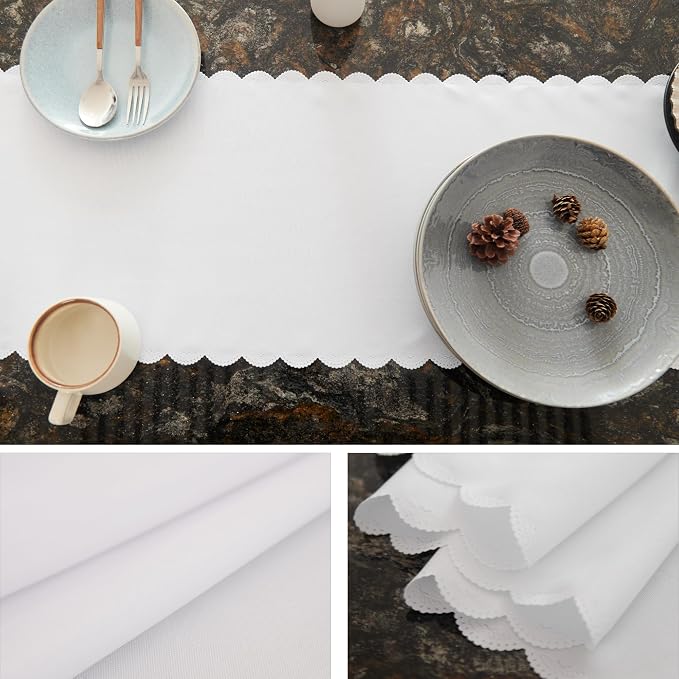 Solid White Farmhouse Scalloped Table Runner 13 x 72 Inchs | Washable Polyester - Image 5
