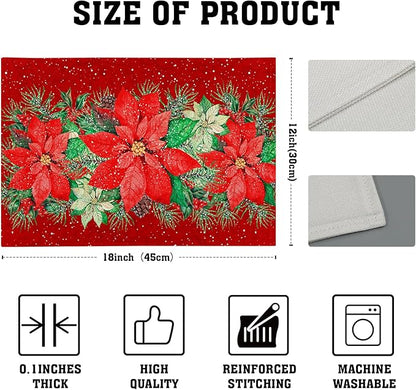 Red Poinsettias Placemats for Dining Table Set of 4, 12 x 18 Inch Red White Floral Xmas Tabletop Mats Red Rectangle Table Mat for Winter Holiday Party Kitchen Table Decor