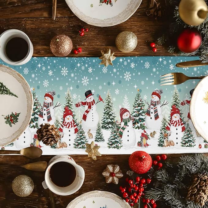 Teal Christmas Snowman Table Runner 70 Inches Long, Xmas Trees Snowflake Table - Image 4