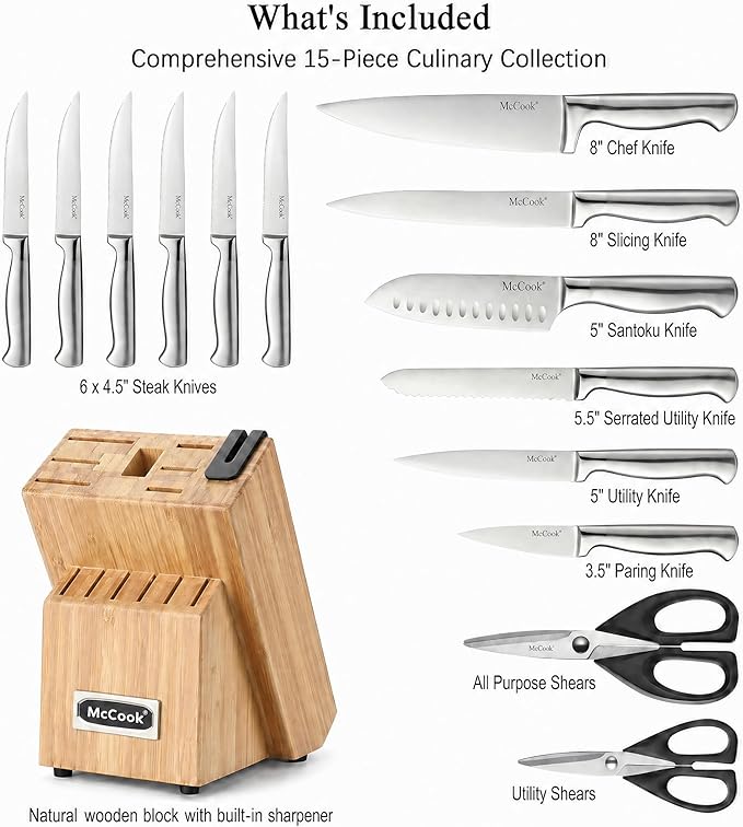 McCook Knife Set Kitchen Steel Knife Block Set w Built-in Sharpener | German - Image 2