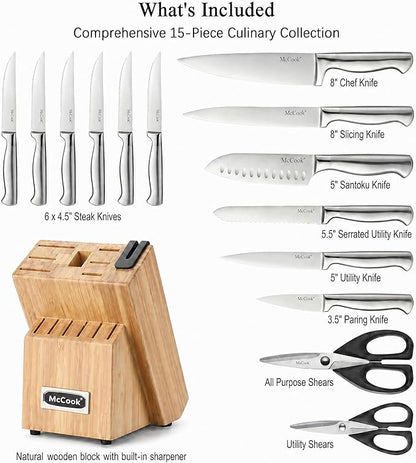 McCook Knife Set Kitchen Steel Knife Block Set w Built-in Sharpener | German - Image 2