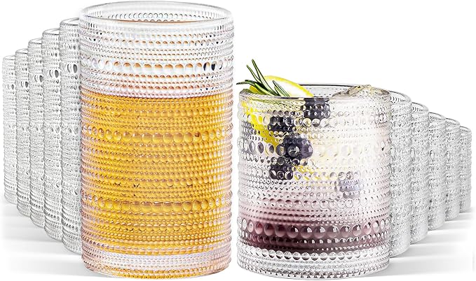 Hobnail Drinking Glasses Set of 12, 12 oz Highball Glassware & 10 oz Cocktail by Unknown