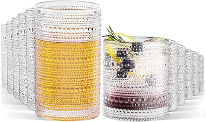 Hobnail Drinking Glasses Set of 12, 12 oz Highball Glassware & 10 oz Cocktail by Unknown