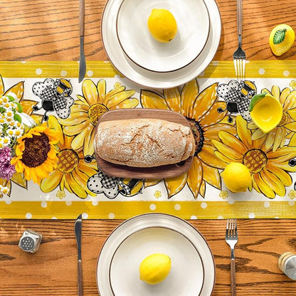 Artoid Mode Sunflower Bee Flower Polka Dot Summer Table Runner, Seasonal - Image 3