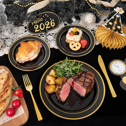 WDF 200PCS Black and Gold Plastic Plates - Black Plates Disposable for Party - Heavy Duty Plastic Plate for New Year