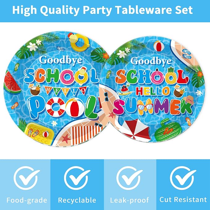 96 Pcs Goodbye School Hello Pool Party Decorations, Summer Pool Party Plates - Image 3