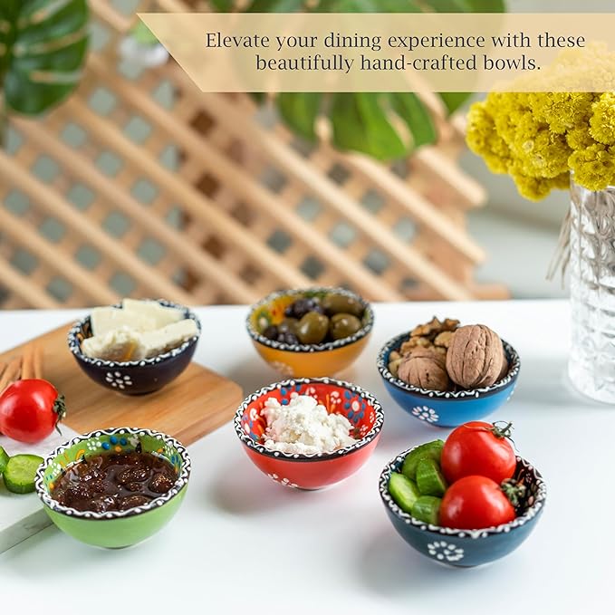 Ceramic Small Dipping Bowls Set of 6, 3.5 Oz Soy Sauce Dish, Handmade Charcuterie, Colorful Pinch, Dishwasher & Microwave Safe, 3.2'' Mini (SULTAN'S GARDEN)