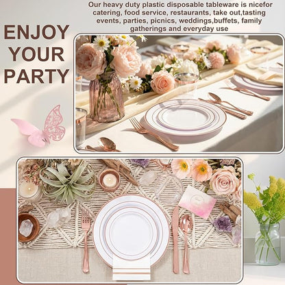 GATHER 350PCS Rose Gold Plastic Plates - Disposable Rose Gold Dinnerware Sets Includes 100 Gold Rimmed Plastic Plates, 150 Silverware, 50 Napkins, 50 Cups for Party, Wedding, Valentine's Day