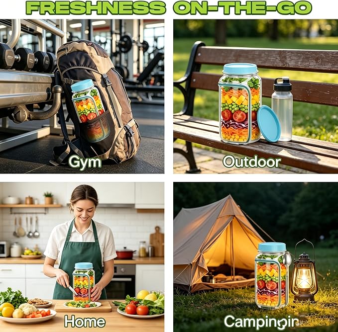 35oz Side Opening Mason Salad Jar | 1000ml Leakproof Portable Salad Container - Image 3