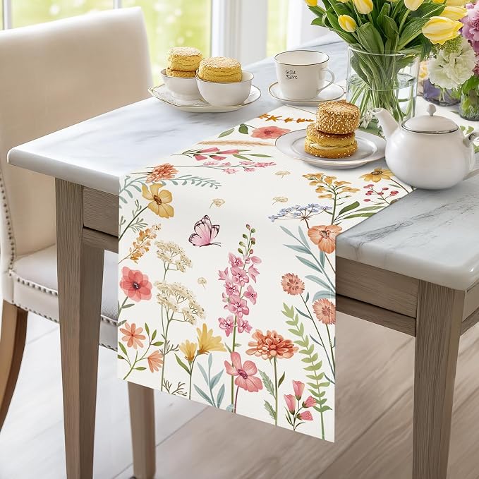 Bonhause Spring Floral Table Runner 13x90 Inch Pink Flowers Green Leaves - Image 3