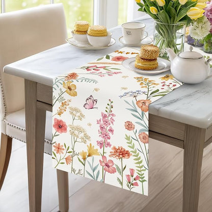 Bonhause Spring Floral Table Runner 13x72 Inch Pink Flowers Green Leaves - Image 3