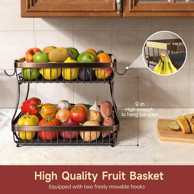 2-Tier Fruit Basket with Banana Hangers, Detachable Metal Bowl | Wooden handle - Image 2