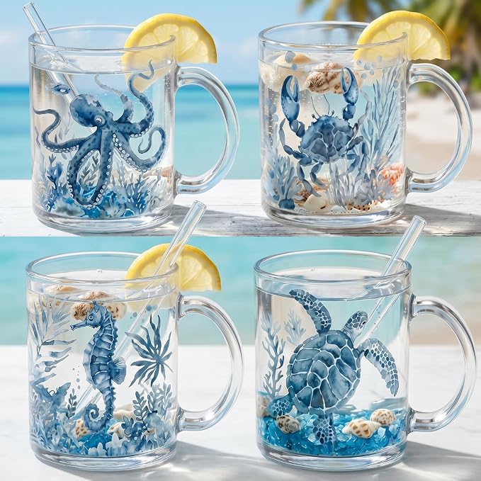 Tioncy 4 Pcs Coastal Mugs Blue Sea Turtle Coffee Mugs 12 oz Summer Beach Ocean by Tioncy
