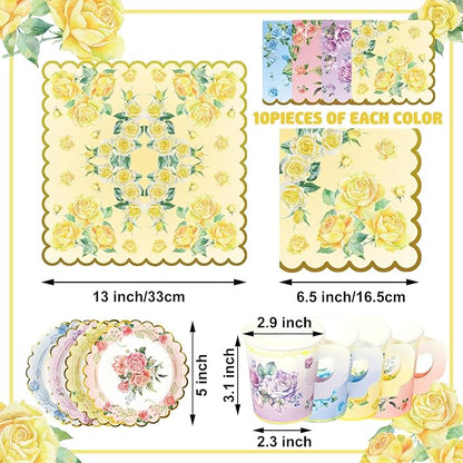 40 Set Floral Tea Cups and Saucers Disposable Tea Party Supplies Colorful - Image 2