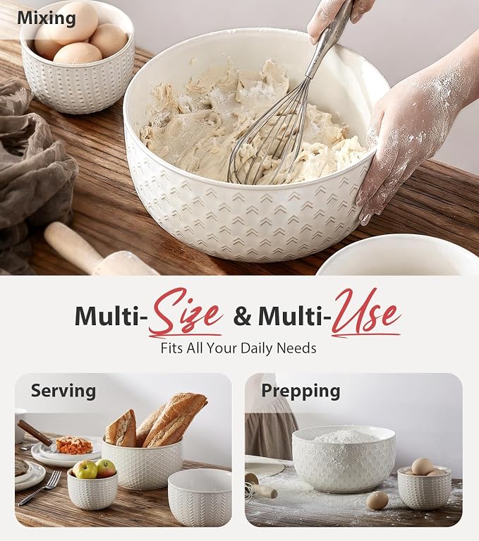 Lareina Ceramic Large Mixing Bowls Set of 4, 20/44/98/145 OZ, Ivory White | - Image 4