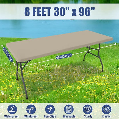 Spandex 8 Foot Rectangle Table Cloth 2 Pack, Elastic Fitted Tablecloths for Picnic, Stretch Washable Patio Table Cover for Outdoor, Camping, Banquet and Parties (Taupe, 30"x96")