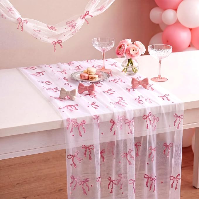 4 Pcs Pink Bow Table Runners 29 x 70 Inch White Tulle Lace Table Runner - Image 3
