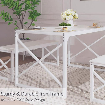 VECELO Kitchen Dining Table Set for 4 to 6, 55" Wood Dinette 2 Benches with Metal Frame for Dinner Breakfast Nook and Small Space, White