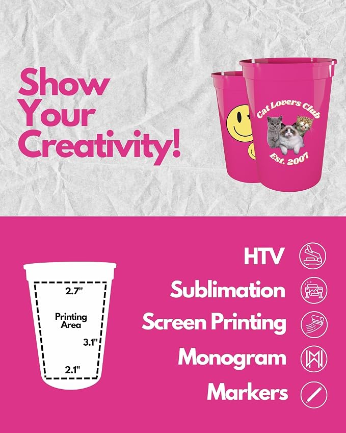 PartyPrints 100 Pack Small 10 to 12 oz Neon Pink Reusable Blank Plastic Cups - Image 3