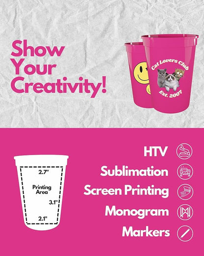 PartyPrints 100 Pack Small 10 to 12 oz Neon Pink Reusable Blank Plastic Cups - Image 3