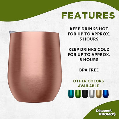 DISCOUNT PROMOS Stemless Wine Glass Tumblers with Lids by Largo 11 oz. Set of 6, Bulk Pack - Perfect for Wine, Cocktails, Other Hot & Cold Beverages - Rose Gold
