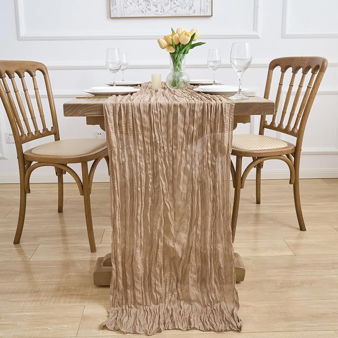Asee'm 2pcs Nude Brown Cheesecloth Table Runner Summer Boho Rustic 10FT | Fall - Image 6