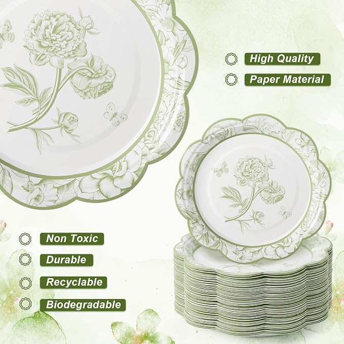 FillTouch 100 Sets Green Floral Paper Tea Cups and Saucers Disposable Paper Tea - Image 5